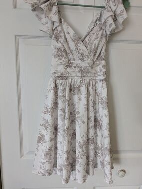 Altar'd State Floral Ruffle V-Neck Dress in Cream and Taupe